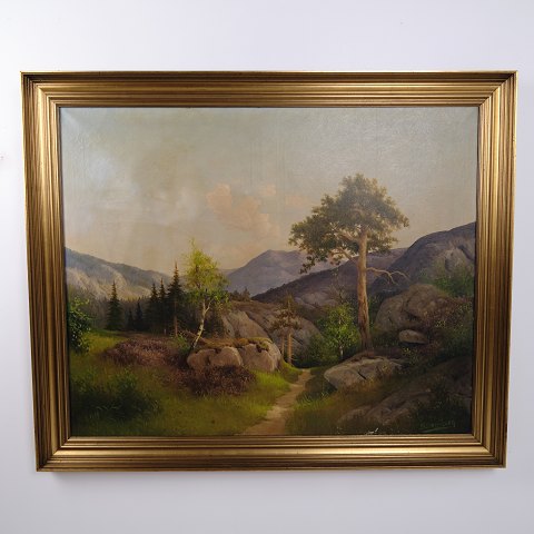 Landscape Painting on Canvas with Mountain Landscape and Trees in Gilt Frame 112.5 x 136 cm