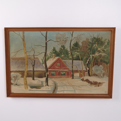 Oil Painting on Canvas with Winter Landscape and House in Gilt Frame 58 x 87.5 cm