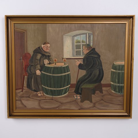 Painting on Canvas with Monastery and Monks in Gilt Frame 66 x 81 cm