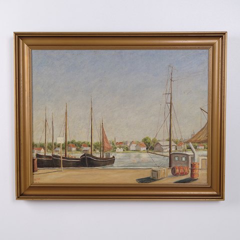 Oil Painting on Canvas with Harbour and Boats in Gilt Frame 60 x 75 cm