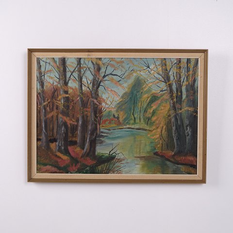 Landscape Painting on Canvas with Forest and Stream in Gilt Frame 47.5 x 64 cm