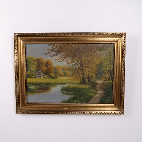 Oil Painting on Canvas with Lake Landscape in Gilt Frame 59 x 79.5 cm