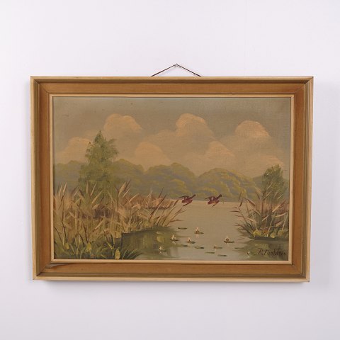 Landscape Painting on Canvas with Lake and Ducks in Gilt Frame 55.5 x 75.5 cm