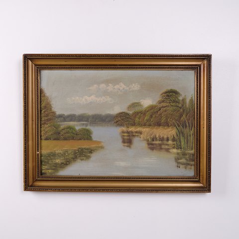 Landscape Painting on Canvas with Lake, Reeds and Trees in Gilt Frame 55 x 75 cm