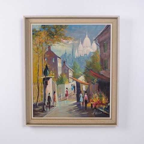 Painting on Canvas with Street Scene in Gilt Frame 72 x 62 cm