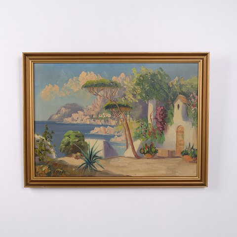 Landscape Painting on Canvas with Southern Coastal Scene in Gilt Frame 54 x 74 cm
