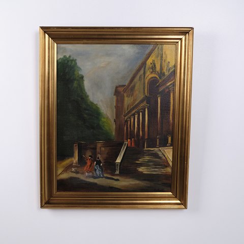Cityscape Painting on Canvas with Church and People in Gilt Frame 76.5 x 62.5 cm