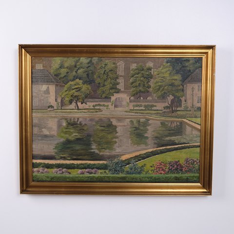 Landscape Painting on Canvas with Park and Lake in Gilt Frame 64 x 82 cm