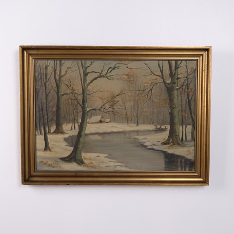 Oil Painting on Canvas with Winter Landscape, Forest and Stream in Gilt Frame 55.5 x 75 cm