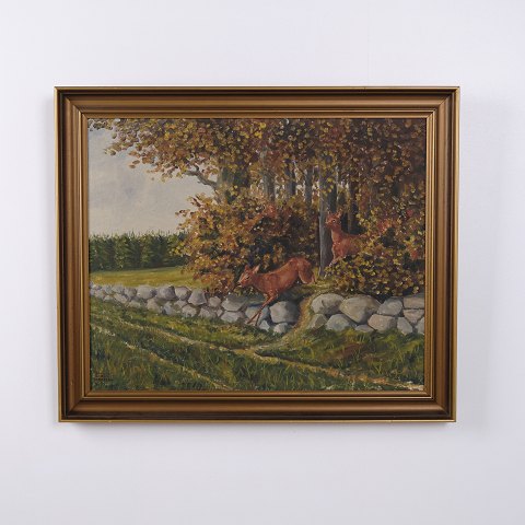 Oil Painting on Canvas with Deer by a Stone Wall in Gilt Frame 58.5 x 70 cm