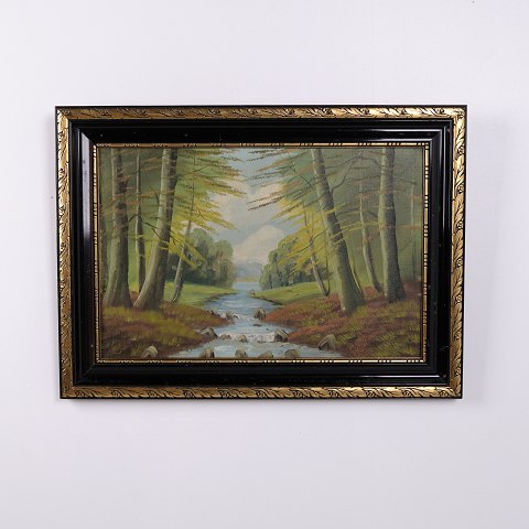 Oil Painting on Canvas with Forest, Stream and Trees in Gold and Black Frame