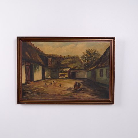 Landscape Painting with Farmstead, Courtyard and Chickens Signed 49 x 71 cm