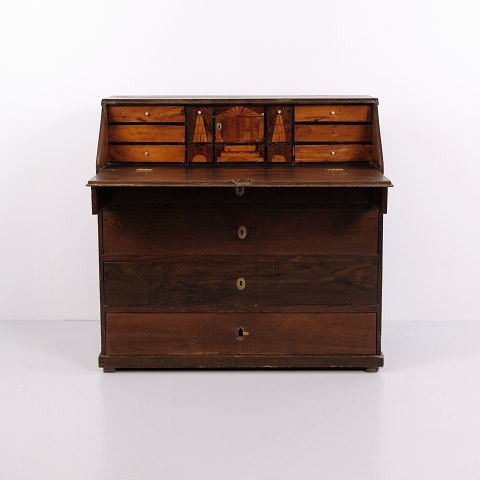 Late Empire Oak Secretary Desk with Inlay and Brass Fittings, 1840s