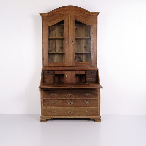 Oak Secretary Desk with Glazed Display Cabinet and Brass Fittings in Baroque Style, circa 1880