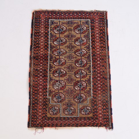 Bokhara Inspired Oriental Rug with Tekke Pattern in Red and Beige Tones 120 x 76 cm