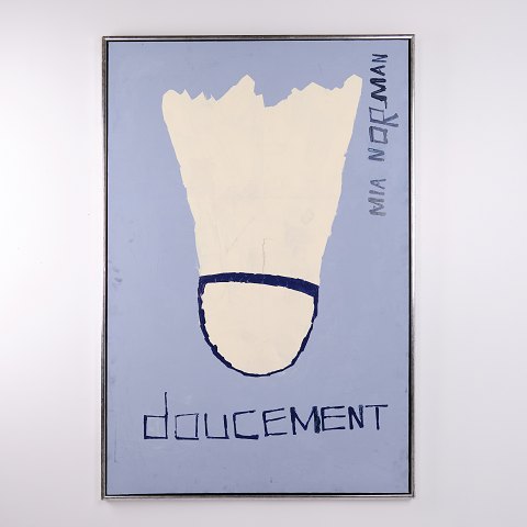 Painting on Canvas with Shuttlecock and the Text “Doucement” by Mia Norman 155 x 105 cm