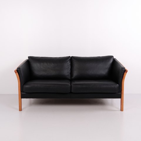 Hjort Knudsen Classic Two Seater Slatted Sofa in Black Leather and Solid Wood