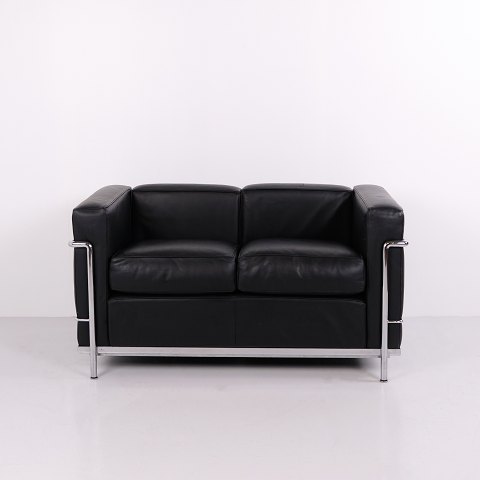 LC2 Two Seater Sofa in Black Leather and Chromed Steel by Cassina
