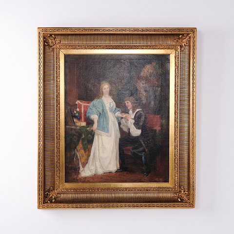 Oil Painting with Two Figures in an Interior in Gilt Frame from 1841 92 x 81 cm