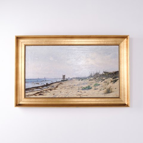 Oil Painting with Coastal Scene from Hornbæk in Gilt Frame from 1886 by Alfred Olsen