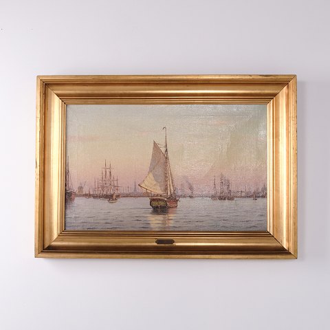 Oil Painting with Sailing Ships and Steamships in Copenhagen by Johan Neumann