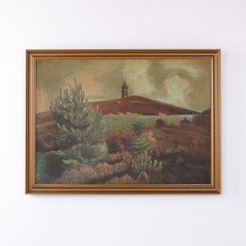 Oil Painting with Landscape, Hill and Tower in Gilt Frame 57 x 77 cm