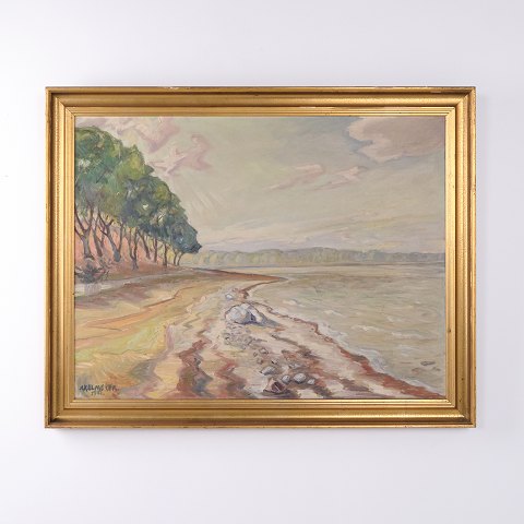 Oil Painting with Coastal Landscape, Beach and Trees in Gilt Frame from 1952 by Axel Meyer