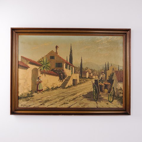 Oil Painting with Southern Village, Figures and Cart in Dark Wood Frame 78.5 x 110 cm