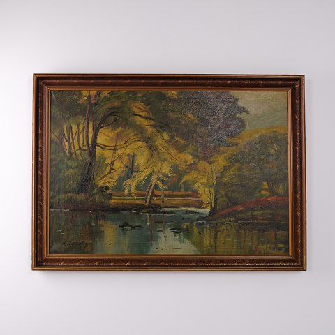 Oil Painting with Forest Landscape, Trees and Water in Dark Profiled Frame 76.5 x 107 cm