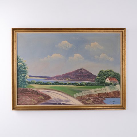 Oil Painting with Landscape, Winding Road, Water and House in Gilt Frame Signed L.T 73.5 x 103 cm