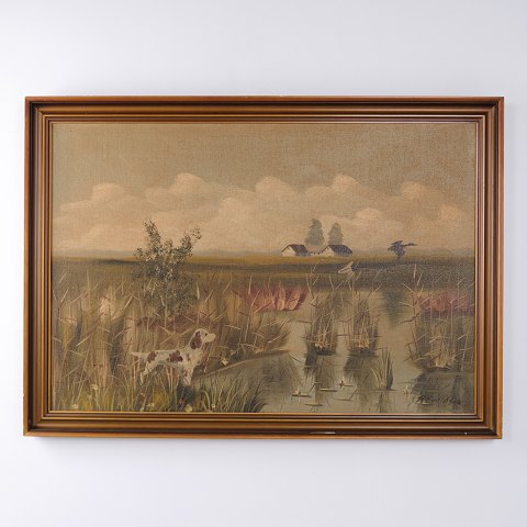 Oil Painting with Wetland, Reeds and Dog in Golden Brown Profiled Frame 75 x 105 cm