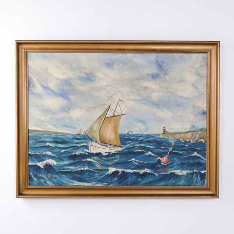 Oil Painting with Sailing Boat, Rough Sea and Lighthouse in Gilt Frame from 1951 by Vedel-Olsen