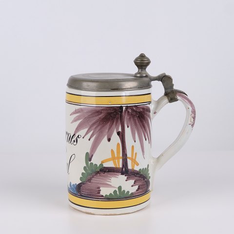 Large Kellinghusen Faience Tankard with Horse Decoration and Pewter Lid 1790–1810 by Lubbert Diedrich Bahlmann