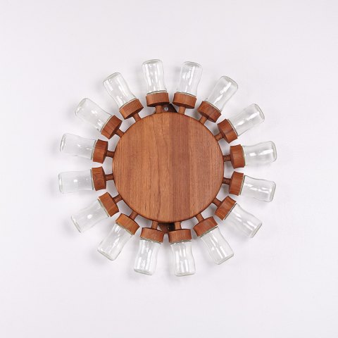 Digsmed Teak and Glass Spice Wheel with 18 Jars Denmark circa Early 1960s Ø50 cm
