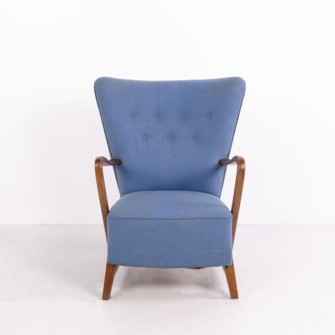 Vintage High Back Armchair in Wood with Blue Fabric 1940s