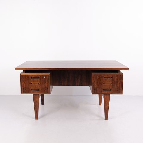 Freestanding Rosewood and Solid Wood Desk with Six Drawers 1950s