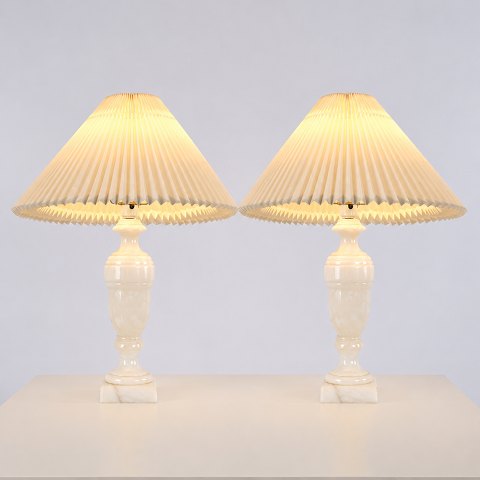 Pair of Vintage Danish Alabaster Table Lamps with Pleated Shades 1960s