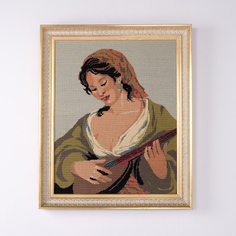 Vintage Embroidered Portrait of a Woman with String Instrument 1930