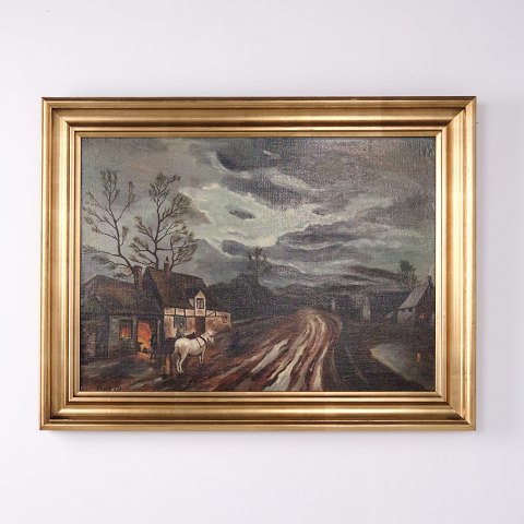 Vintage Village Landscape Painting with Horse-Drawn Cart 1930s 58 x 76 cm