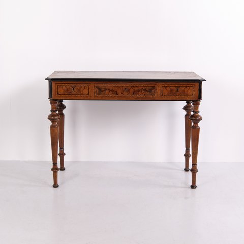 Small Antique Walnut Writing Desk with Burl Veneer and Three Drawers Circa 1880s