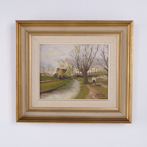 Hans Egon Andersson Landscape Painting with Village and Road 37 x 42 cm