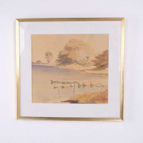 Framed Landscape with Ducks by a Lake Work on Paper 48.5 x 51 cm