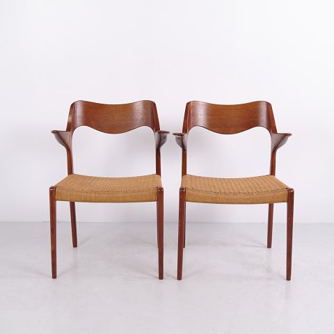 Pair of N.O. Møller Model 55 Teak and Woven Dining Armchairs by J.L. Møllers Møbelfabrik 1960s