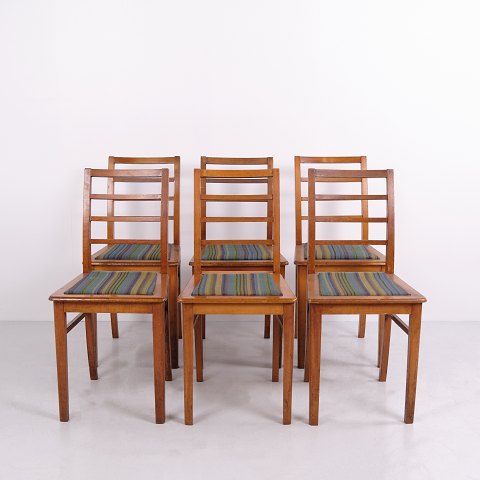 Set of Six Wooden Dining Chairs with Striped Upholstery 1920s