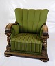 Armchair - Green fabric - Wood carvings - 1920s.Great condition